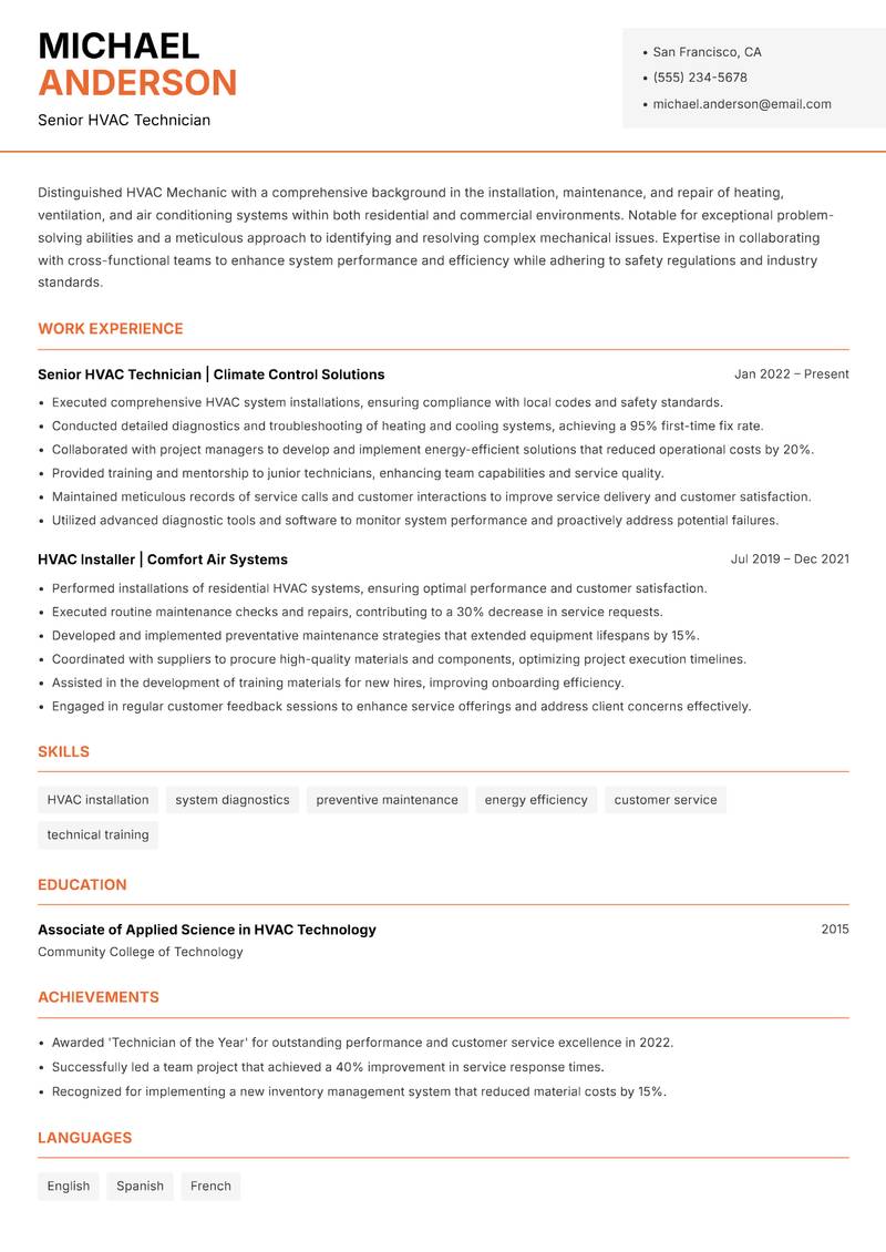 HVAC Mechanic resume template — Modern Professional