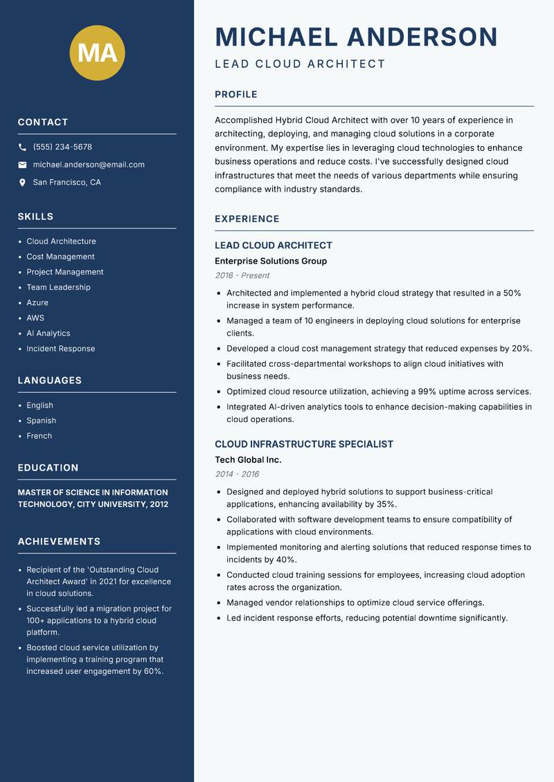 Hybrid Cloud Architect resume template — Classic Clean