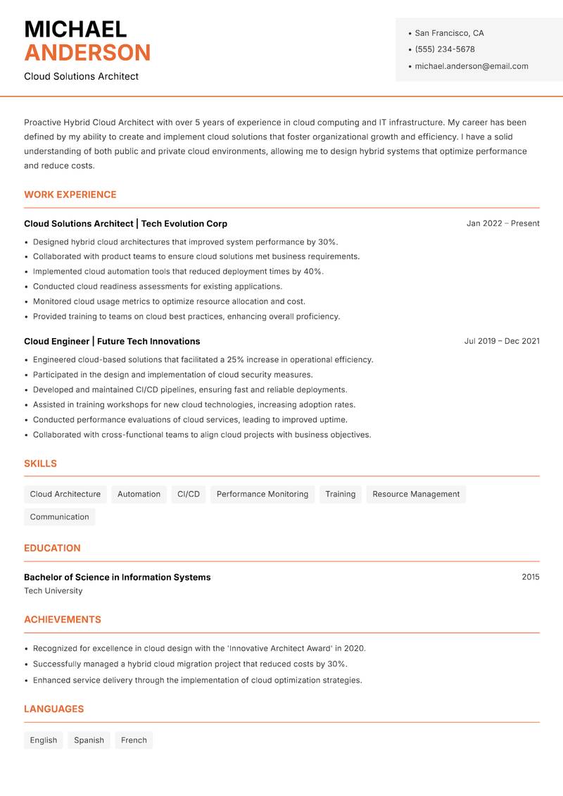 Hybrid Cloud Architect resume template — Modern Professional