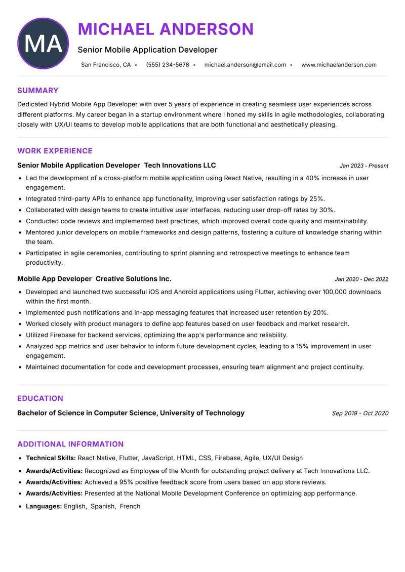 Hybrid Mobile App Developer resume example — ATS-friendly template
