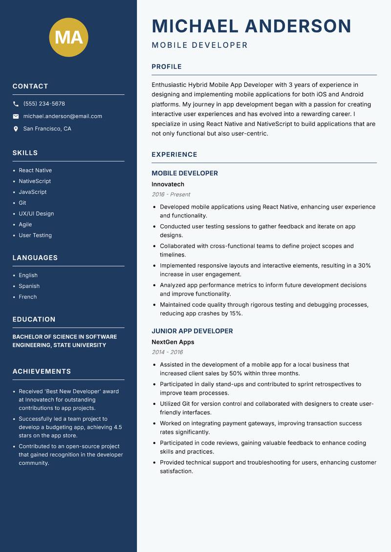 Hybrid Mobile App Developer resume template — Classic Clean