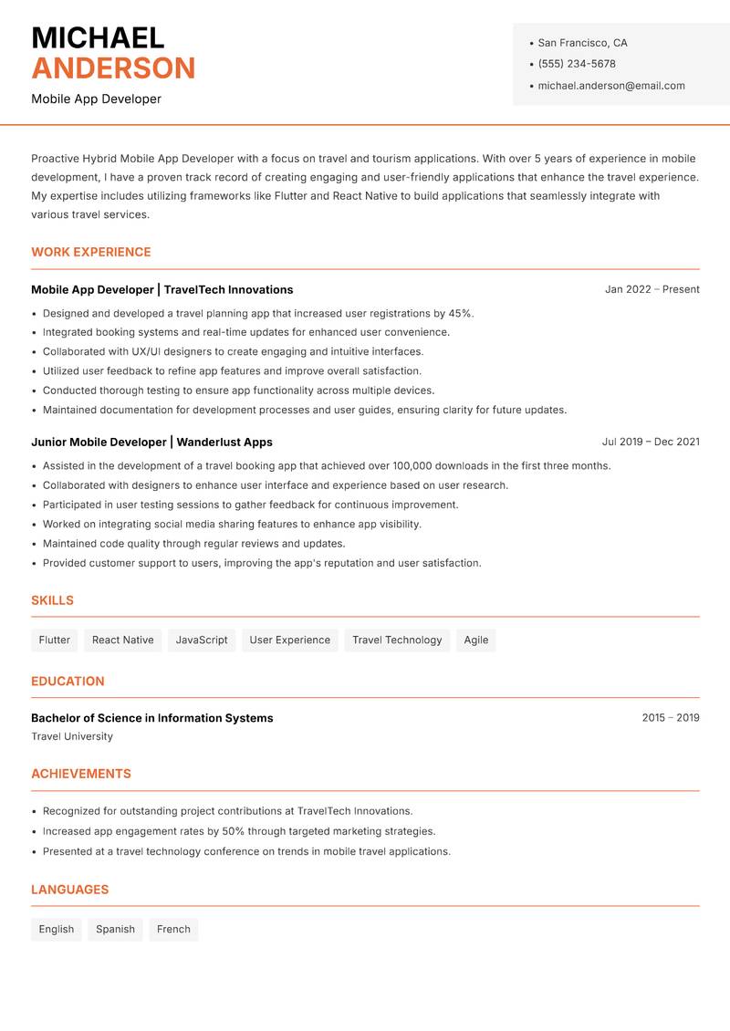Hybrid Mobile App Developer resume template — Modern Professional