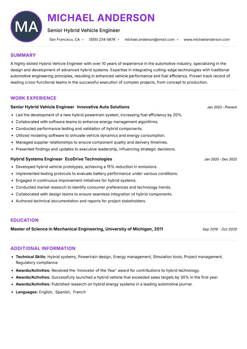 Hybrid Vehicle Engineer resume example — ATS-friendly template