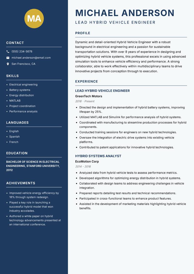 Hybrid Vehicle Engineer resume template — Classic Clean