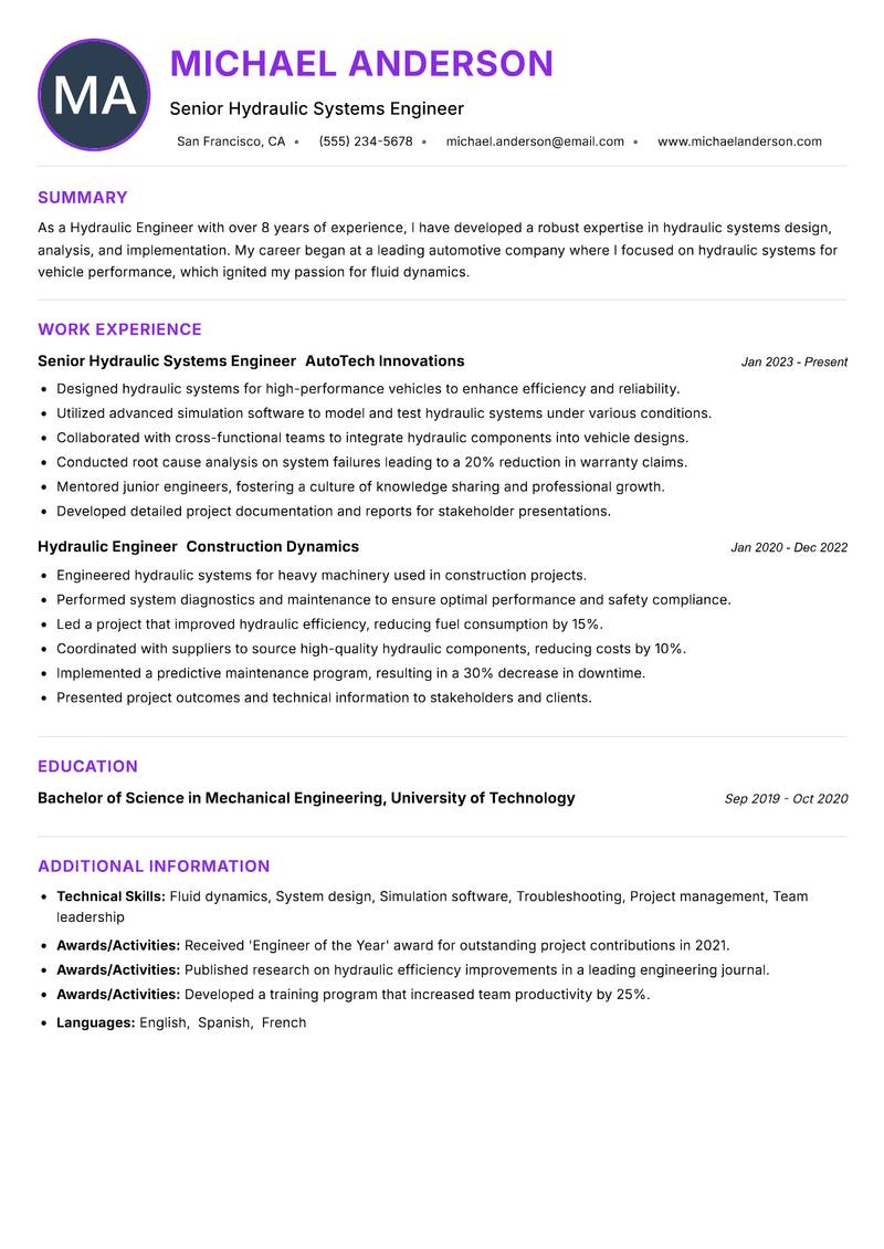 Hydraulic Engineer resume example — ATS-friendly template
