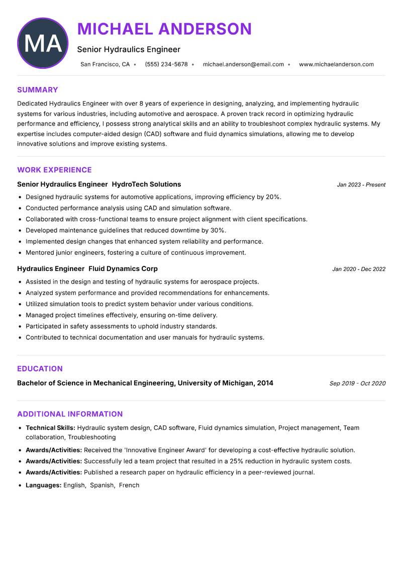Hydraulics Engineer resume example — ATS-friendly template