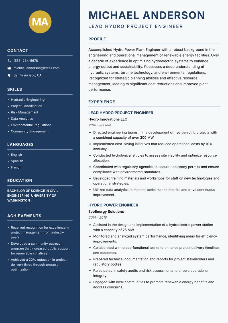 Hydro Power Plant Engineer resume template — Classic Clean