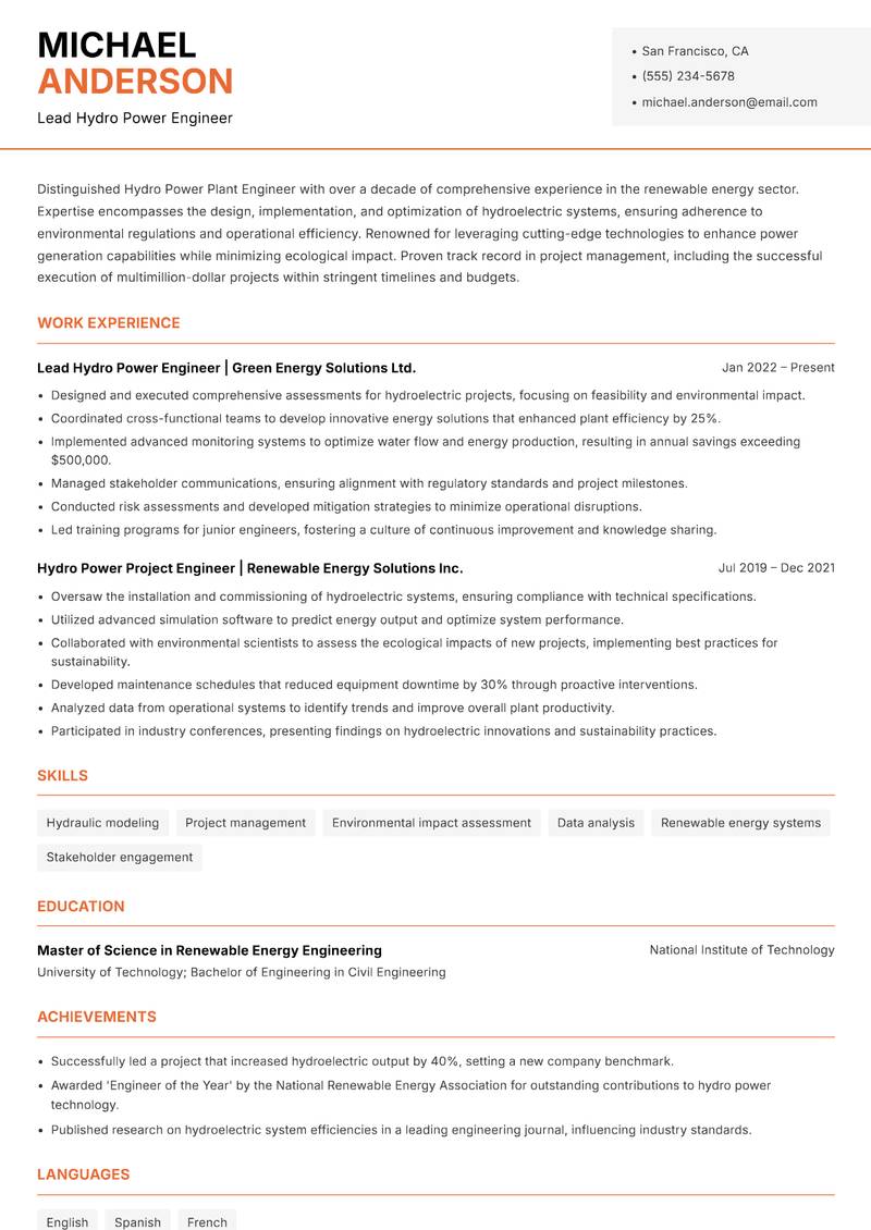 Hydro Power Plant Engineer resume template — Modern Professional