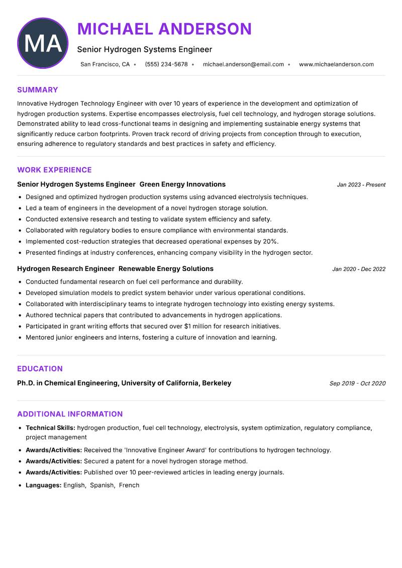 Hydrogen Technology Engineer resume example — ATS-friendly template