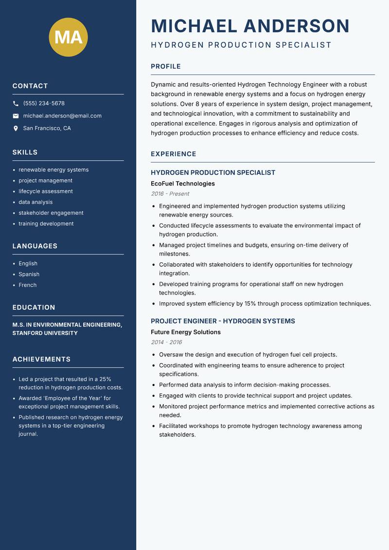 Hydrogen Technology Engineer resume template — Classic Clean