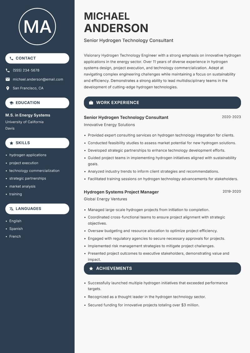 Hydrogen Technology Engineer resume template — Compact