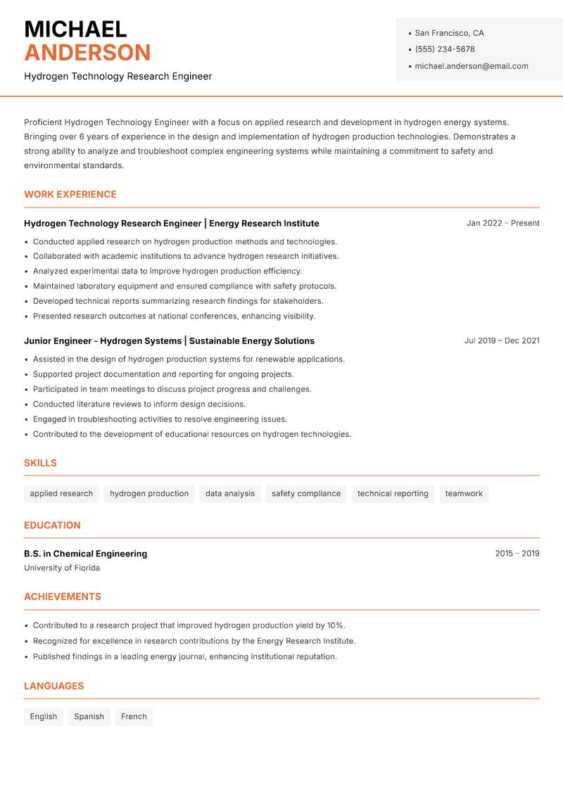 Hydrogen Technology Engineer resume template — Modern Professional