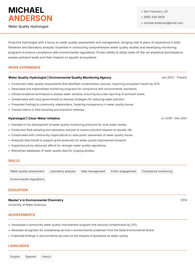 Hydrologist resume template — Modern Professional