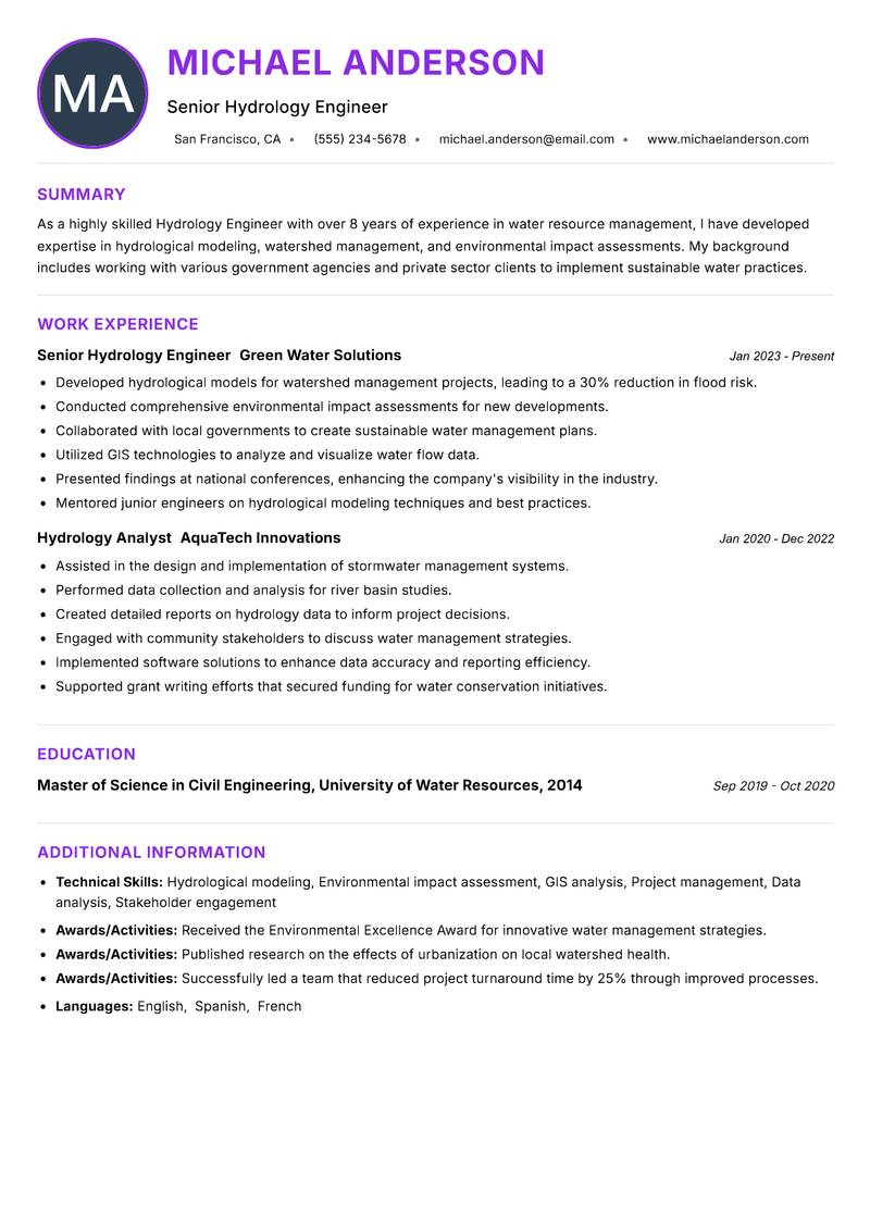 Hydrology Engineer resume example — ATS-friendly template