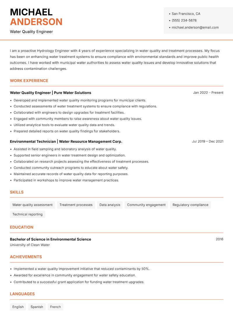 Hydrology Engineer resume template — Modern Professional