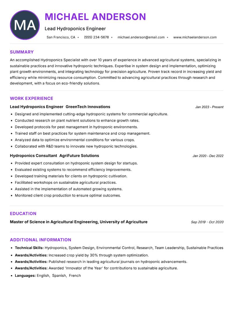 Hydroponics Specialist resume example — ATS-friendly template