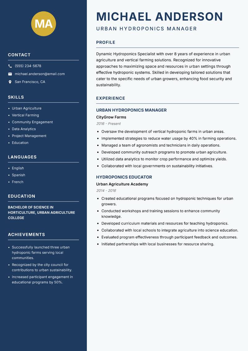 Hydroponics Specialist resume template — Classic Clean