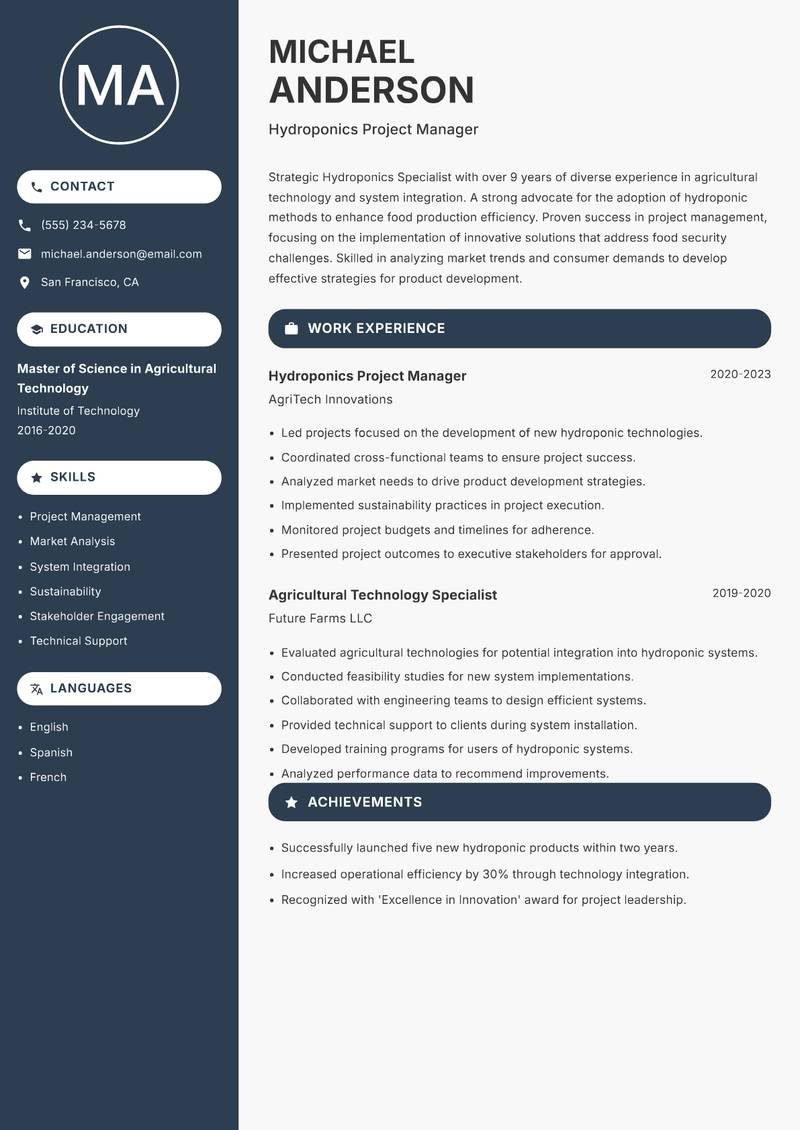 Hydroponics Specialist resume template — Compact