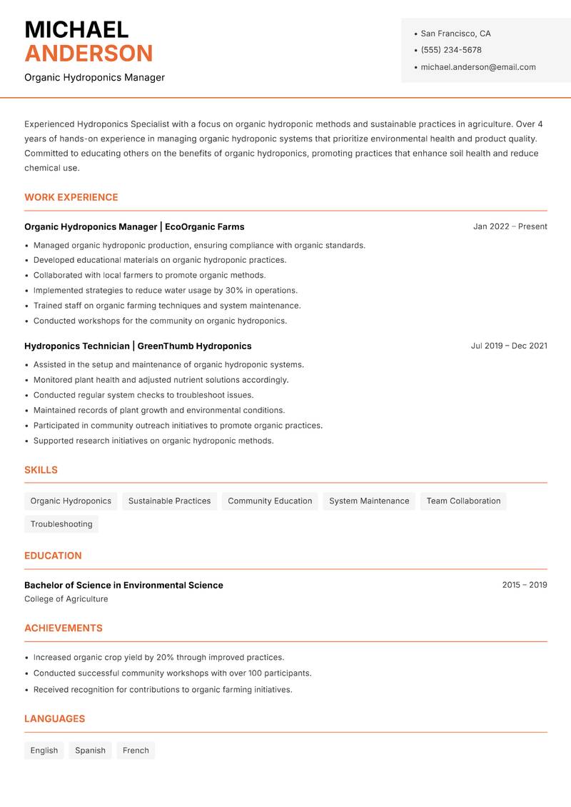 Hydroponics Specialist resume template — Modern Professional