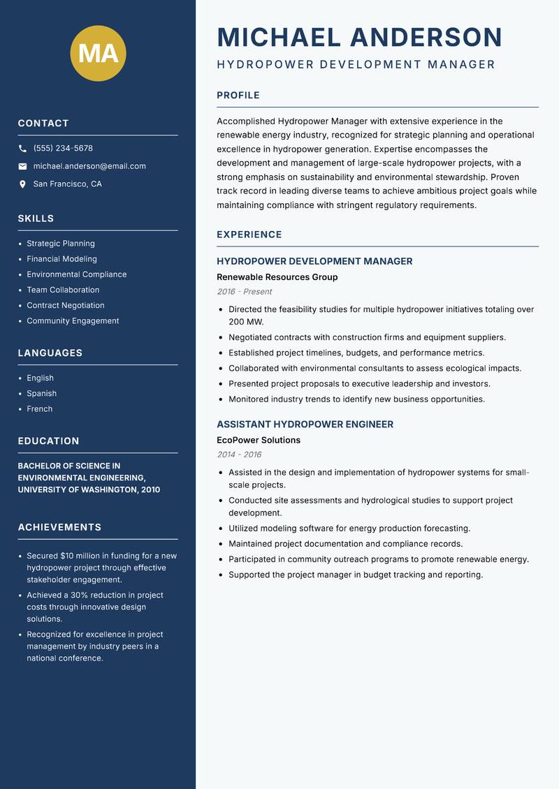 Hydropower Manager resume template — Classic Clean