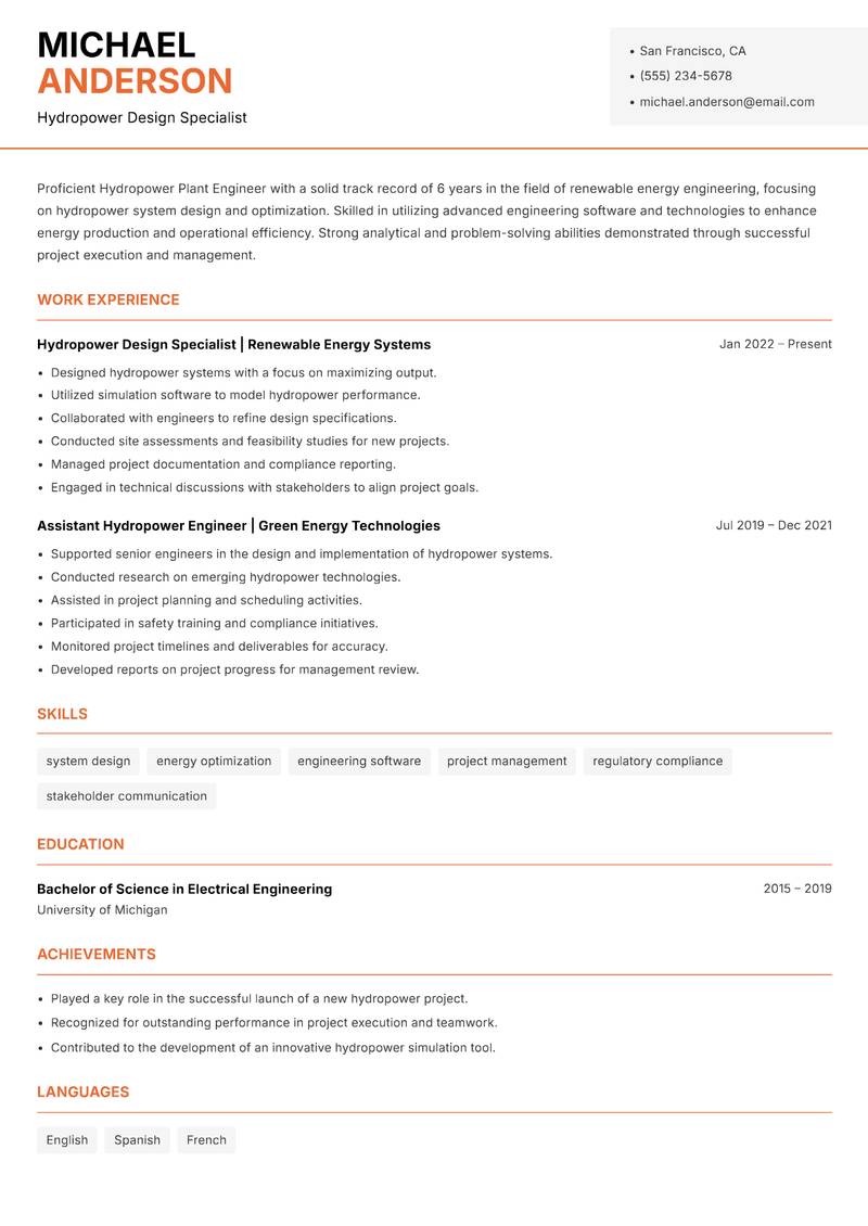 Hydropower Plant Engineer resume template — Modern Professional
