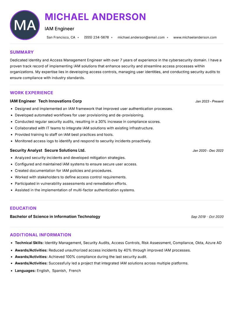 Identity and Access Management Engineer resume example — ATS-friendly template
