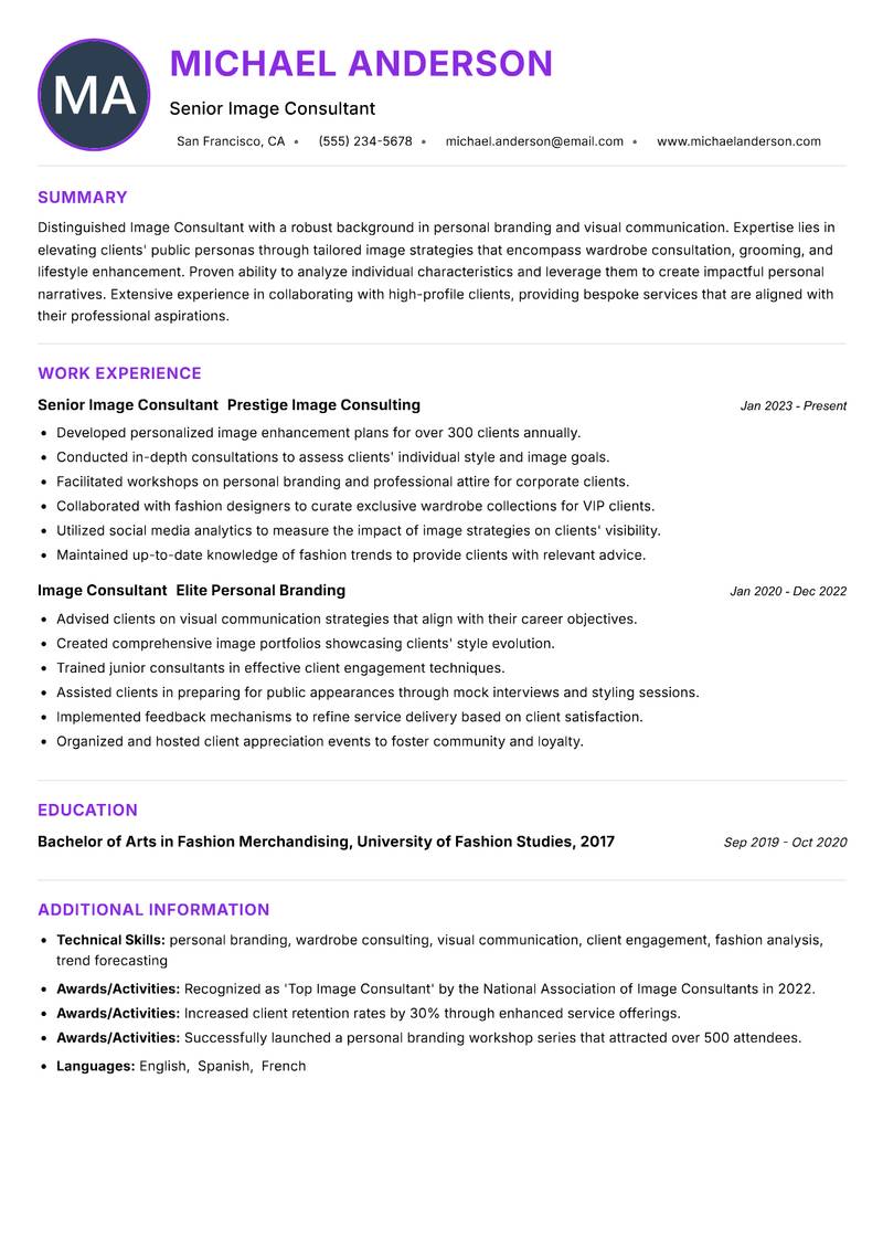 Image Consultant resume example — ATS-friendly template