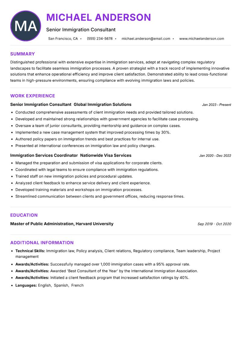 Immigration Services Executive resume example — ATS-friendly template