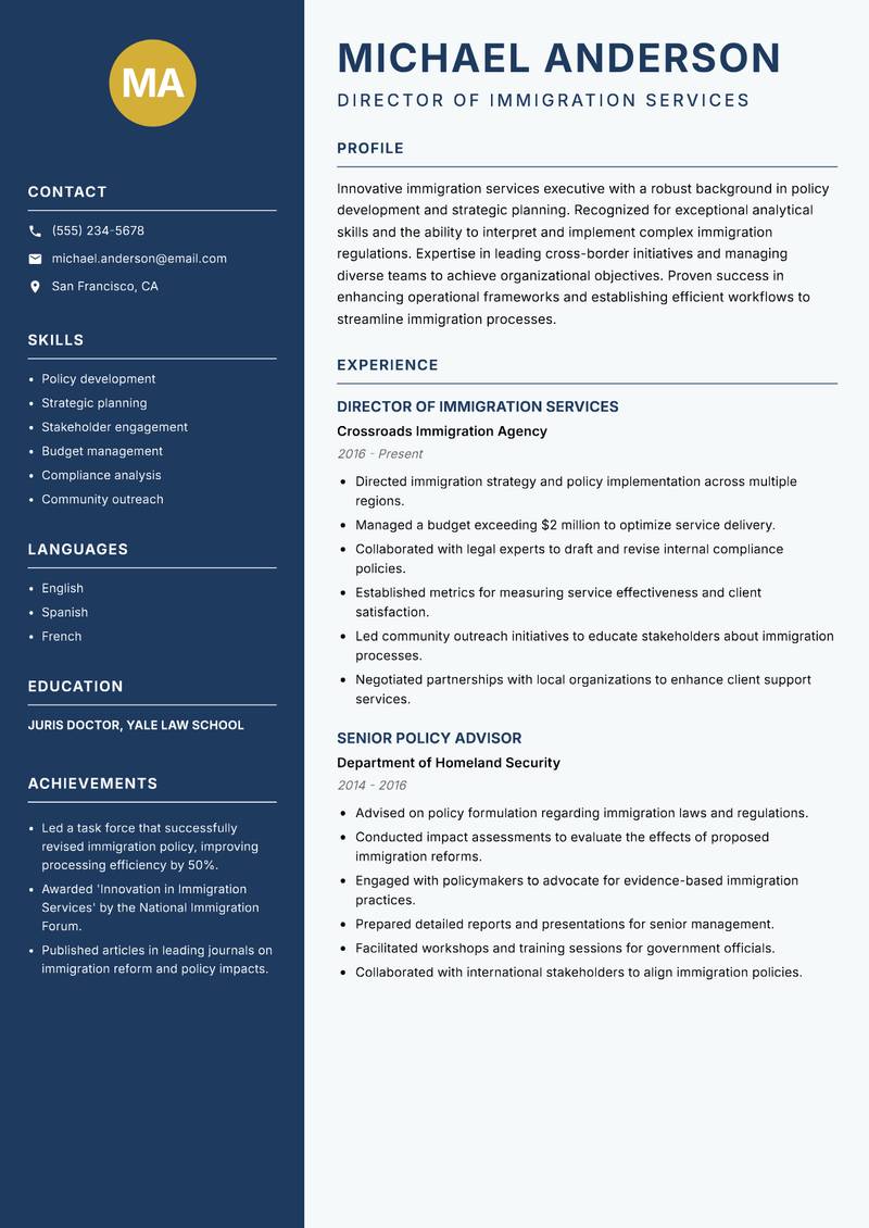 Immigration Services Executive resume template — Classic Clean