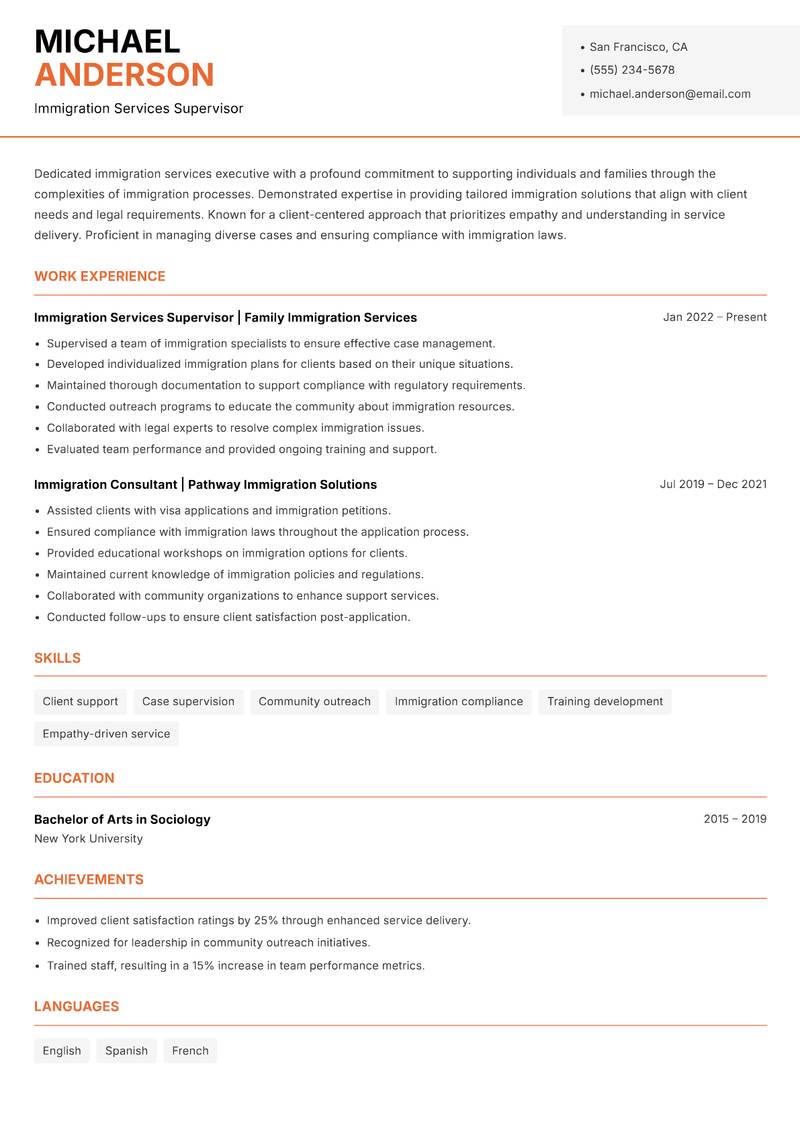 Immigration Services Executive resume template — Modern Professional