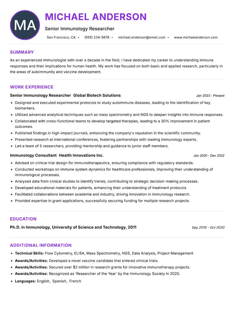 Immunologist resume example — ATS-friendly template
