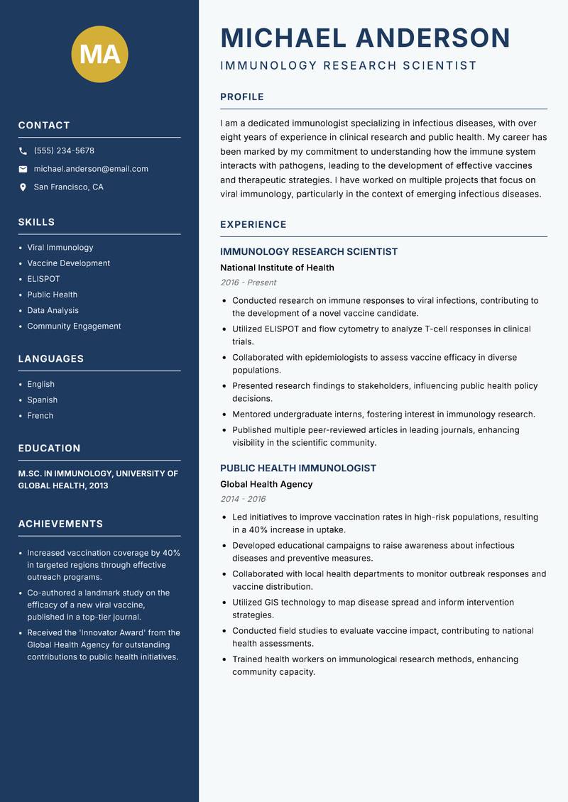 Immunologist resume template — Classic Clean