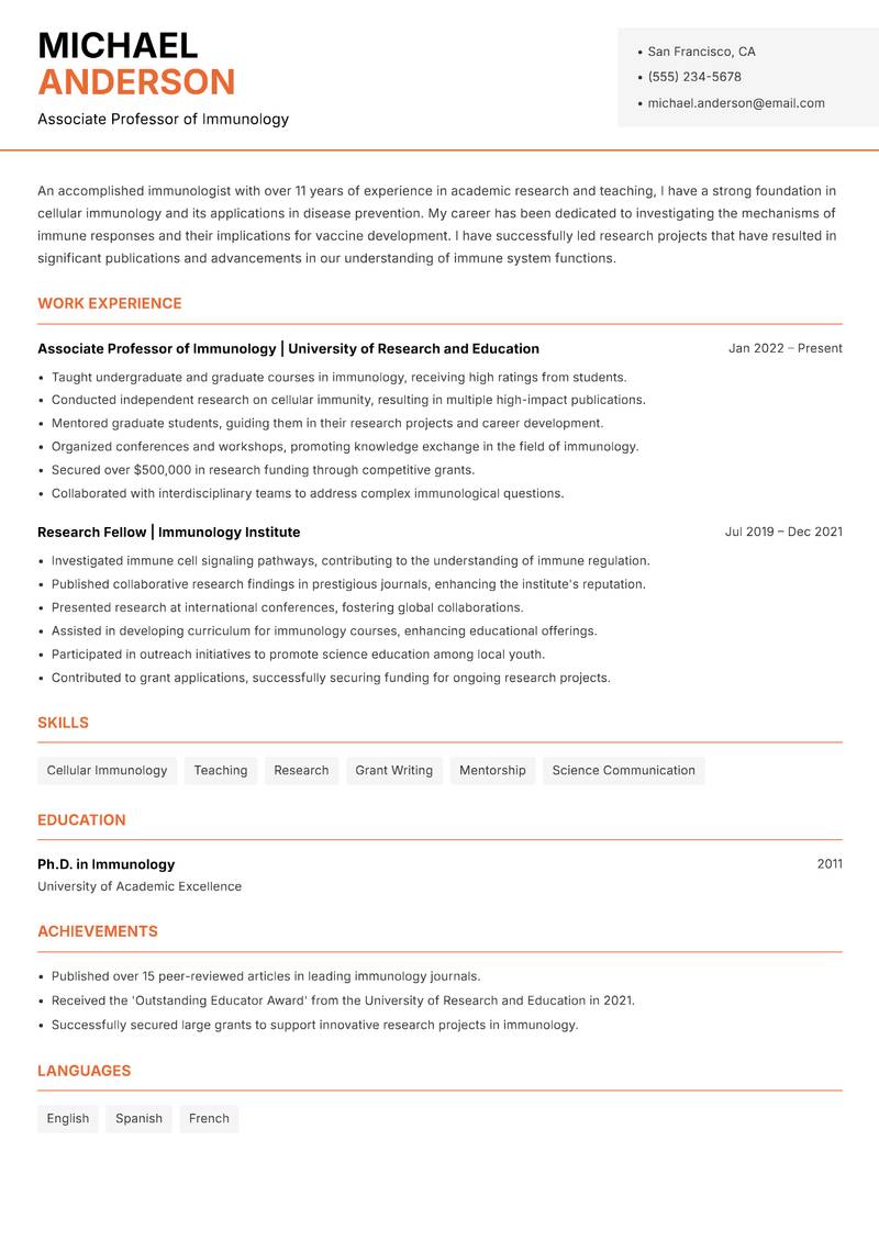 Immunologist resume template — Modern Professional