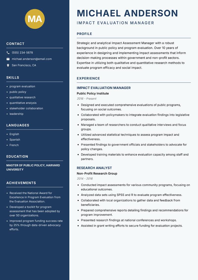 Impact Assessment Manager resume template — Classic Clean
