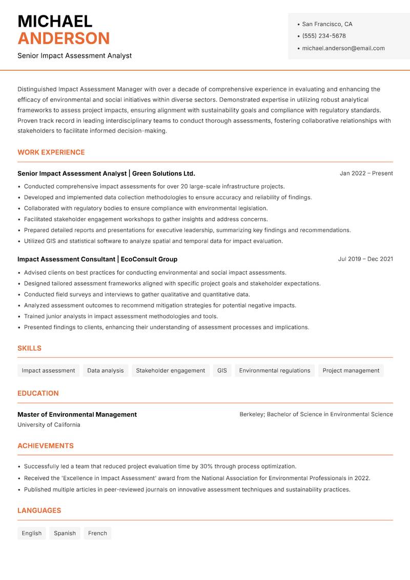 Impact Assessment Manager resume template — Modern Professional