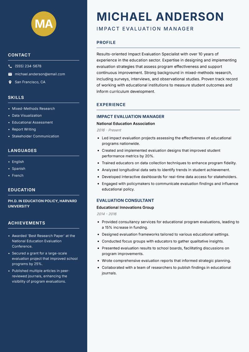 Impact Evaluation Specialist resume template — Classic Clean