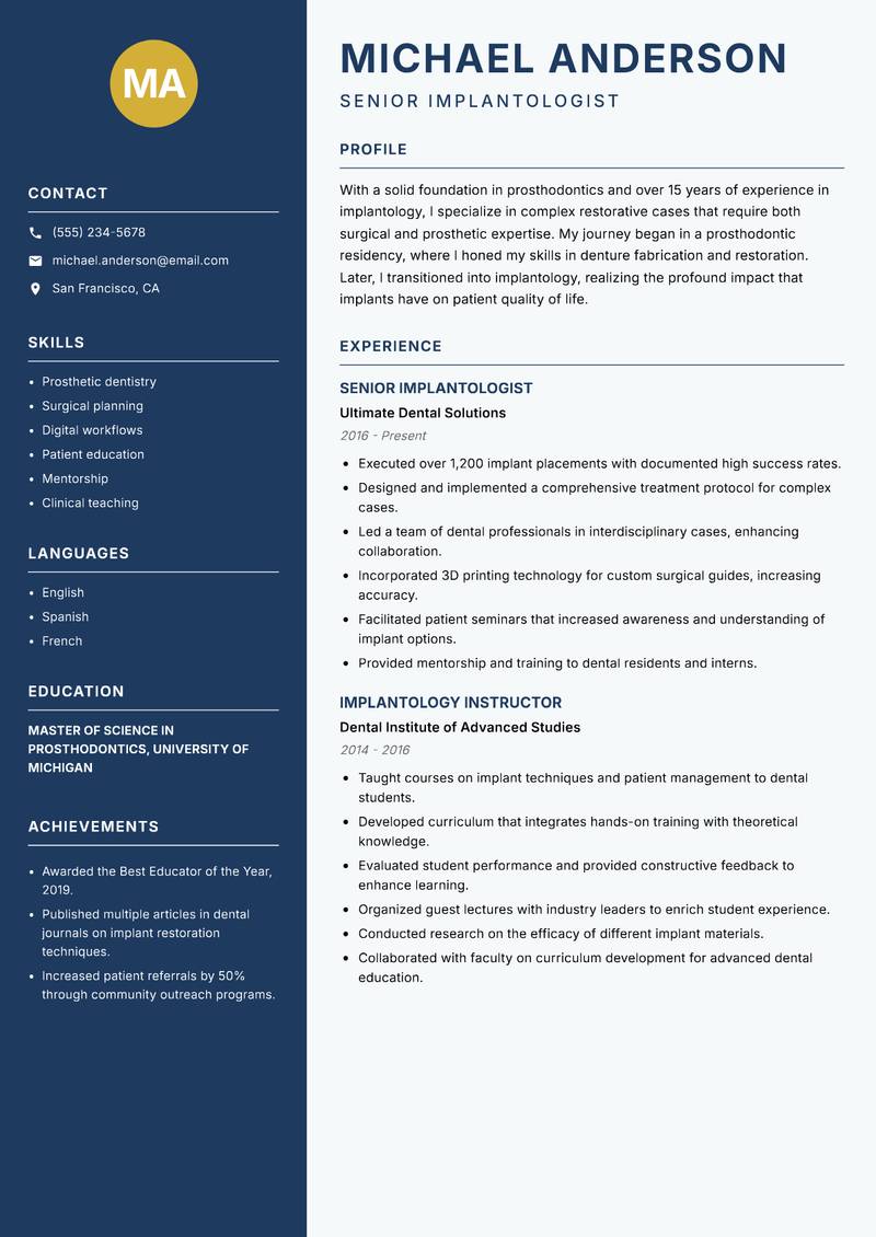 Implantologist resume template — Classic Clean