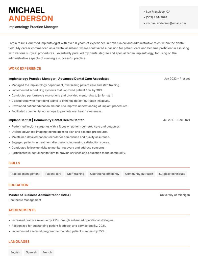 Implantologist resume template — Modern Professional