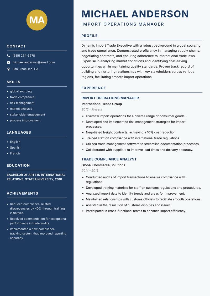 Import Trade Executive resume template — Classic Clean