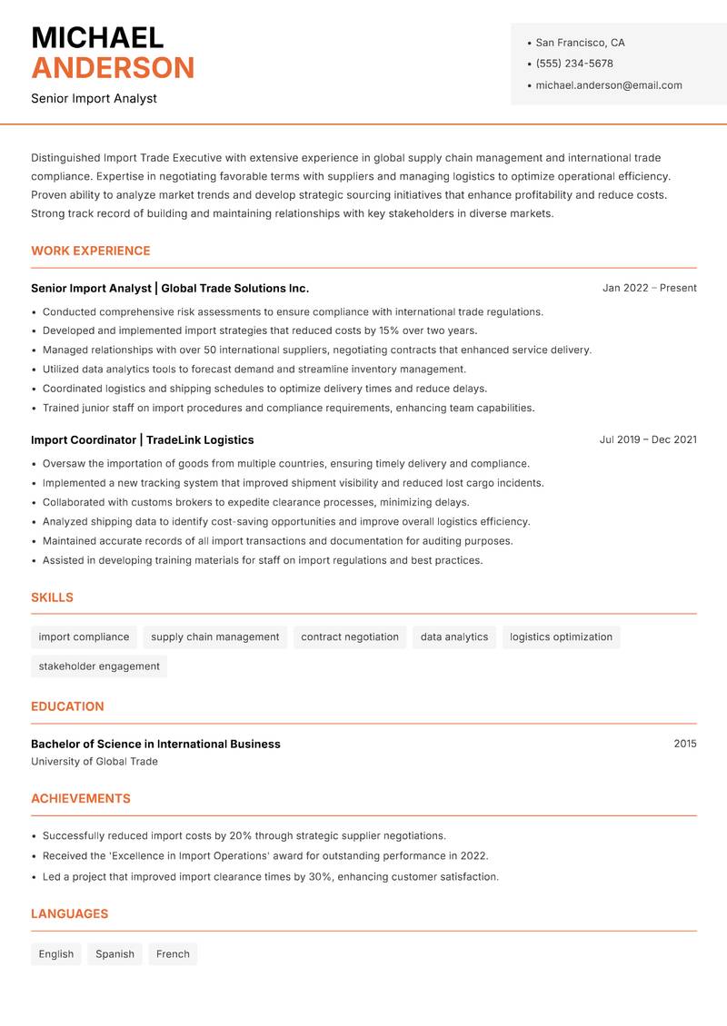 Import Trade Executive resume template — Modern Professional