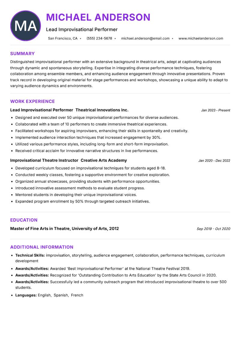 Improvisational Performer resume example — ATS-friendly template