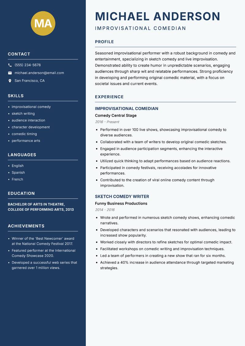Improvisational Performer resume template — Classic Clean