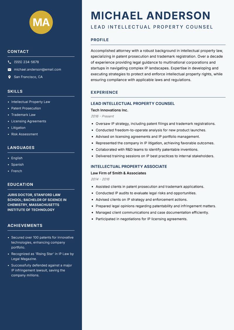 In House Counsel resume template — Classic Clean