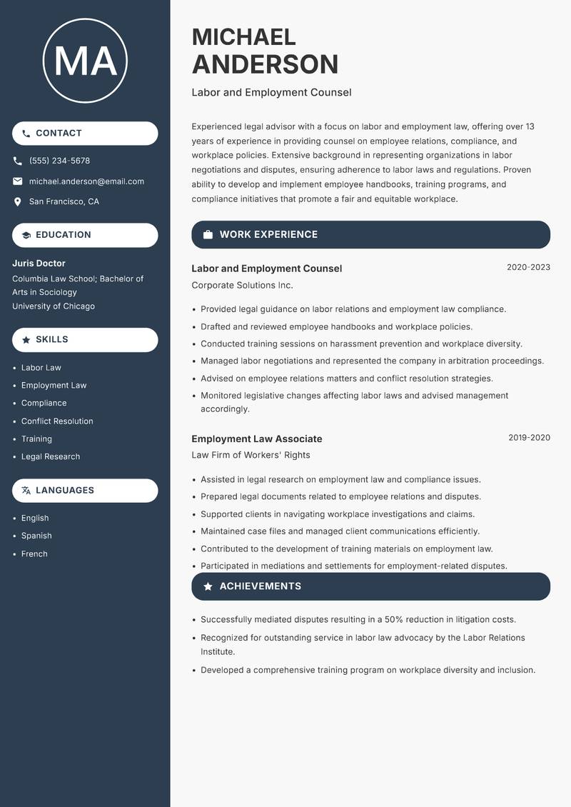 In House Counsel resume template — Compact