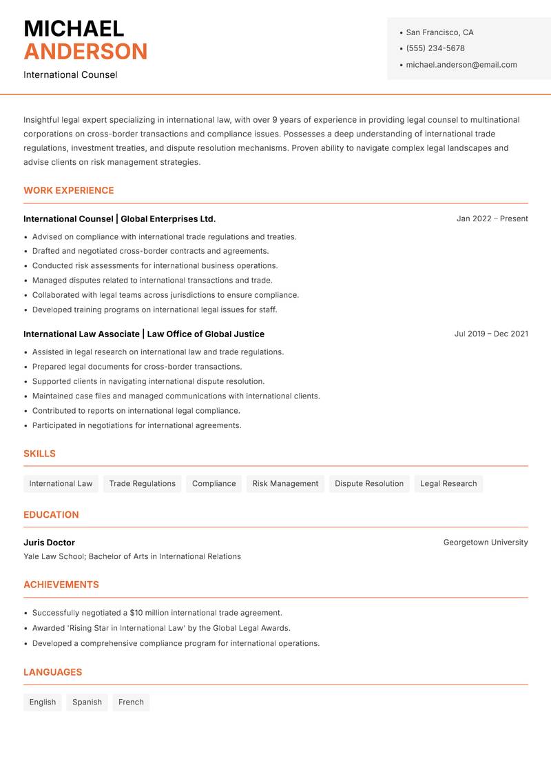 In House Counsel resume template — Modern Professional