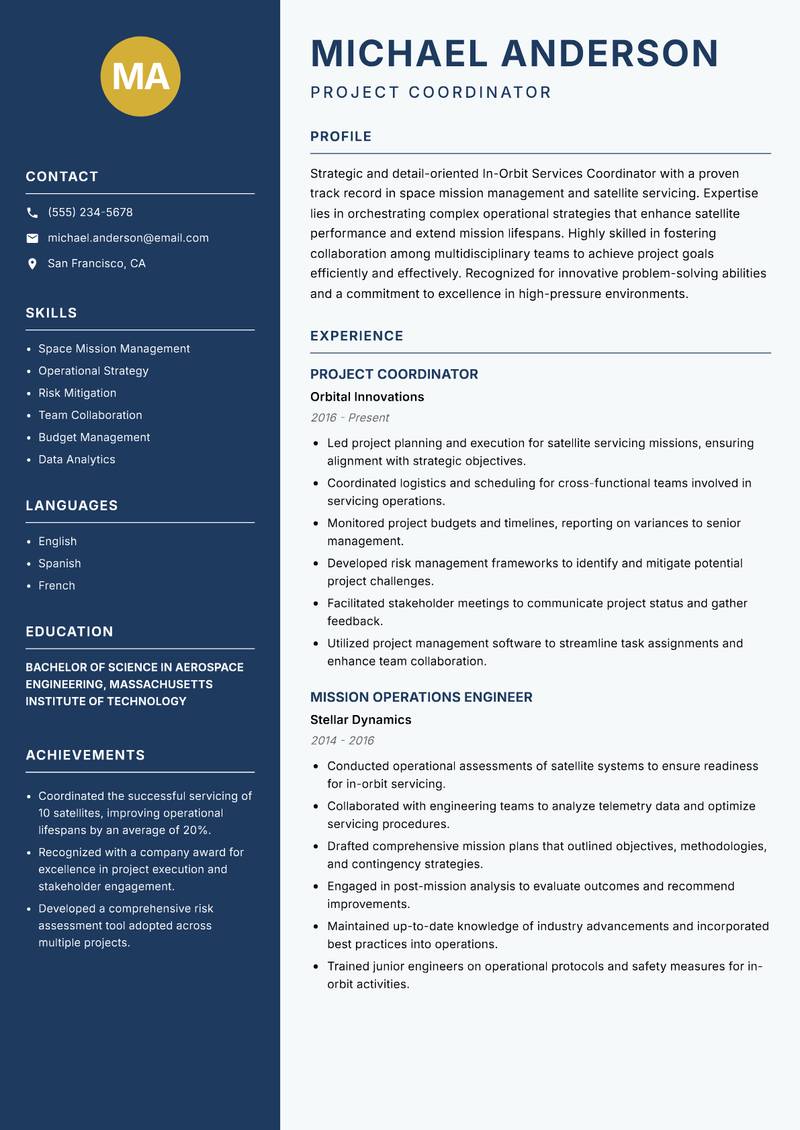 In-Orbit Services Coordinator resume template — Classic Clean