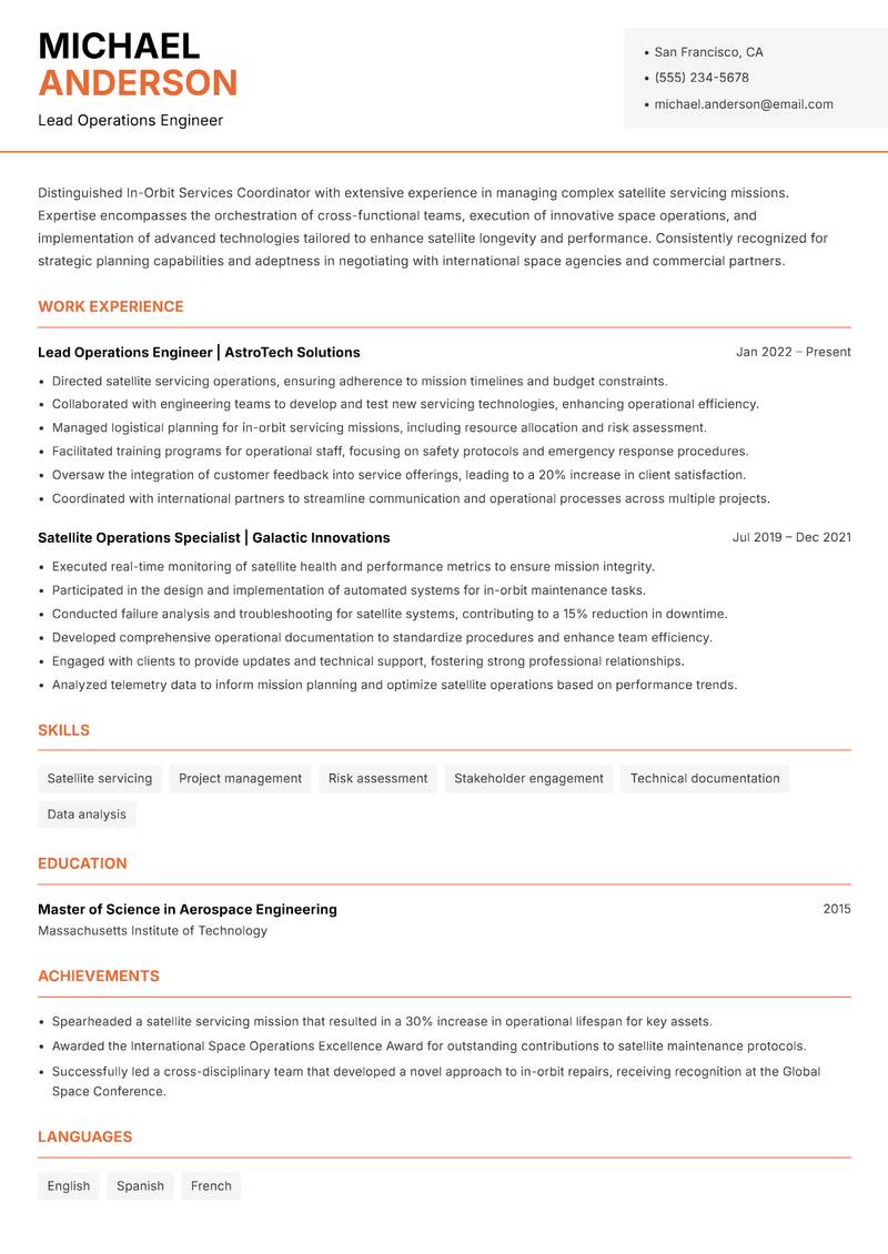 In-Orbit Services Coordinator resume template — Modern Professional