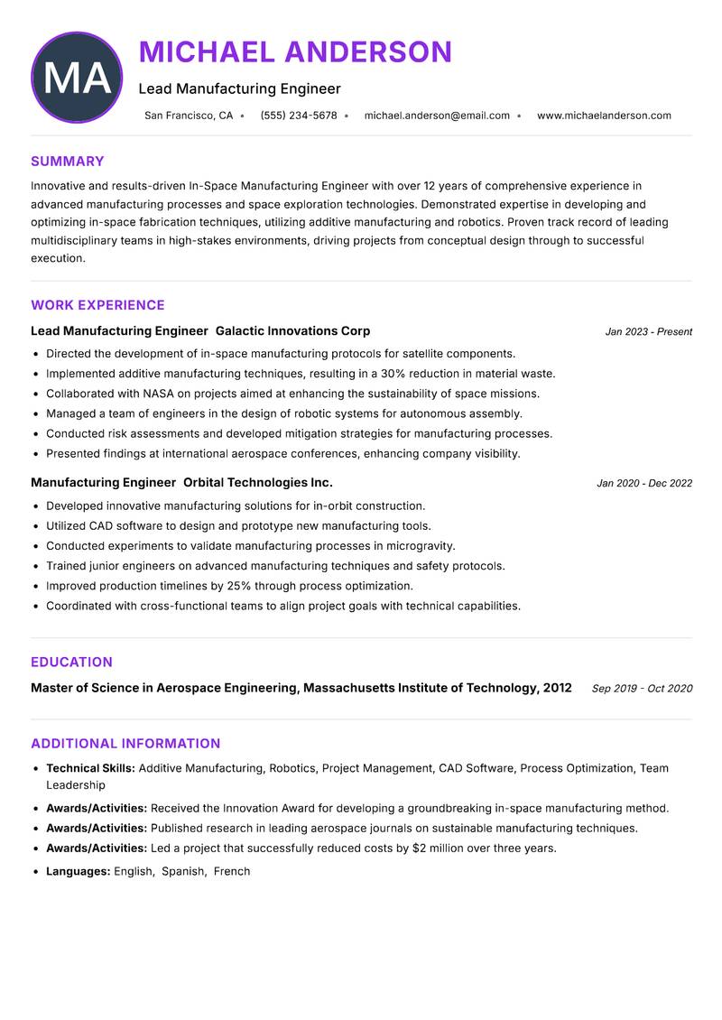 In-Space Manufacturing Engineer resume example — ATS-friendly template