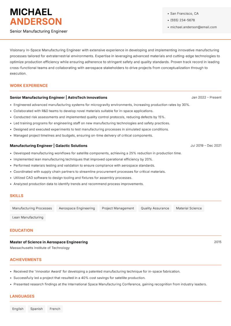 In-Space Manufacturing Engineer resume template — Modern Professional