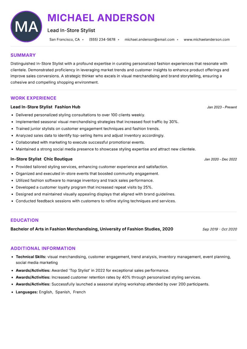 In-Store Stylist resume example — ATS-friendly template